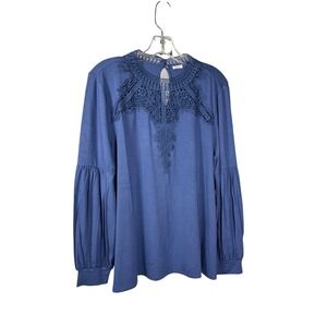STUDIO 1886 Blue Lace Neckline Bishop Sleeve Mock‎ Neck Top Women's Size M